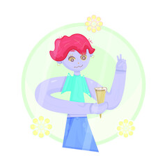 Vector colorful girl, female holding an ice cream on summer sunny bright day and making a victory symbol by fingers. Young modern red hair woman with summer clothes and located on floral background.