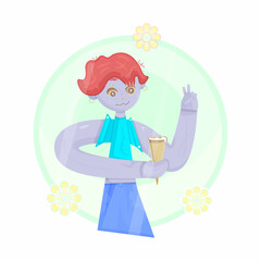 Colorful girl, female holding an ice cream on summer sunny bright day and making a victory symbol by fingers. Young modern red hair woman with summer clothes and located on floral background.