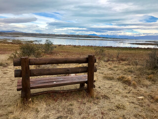 wooden bench in the field