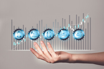 Stock market concept with oil industry icons and high-low graph on background