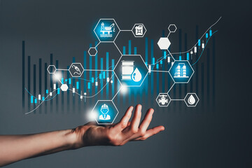 Stock market concept with oil industry icons and high-low graph on background