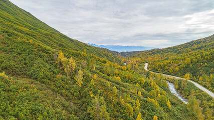 Aerial photo of beautiful Hatcher Pass Alaska, in the Fall.