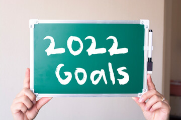 2022 goals text hand writing on chalkboard - motivation concept and strategy plan.