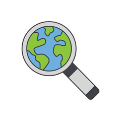 Searching location,  World in a magnifying glass icon in color icon, isolated on white background 