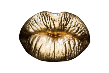 Womans golden lips close up isolated on white background. Gold sexy mouth.