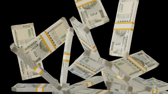 Many wads of money falling down on transparent background. 500 Indian Rupees banknotes. Stacks of money. Financial and business concept. Alpha channel.