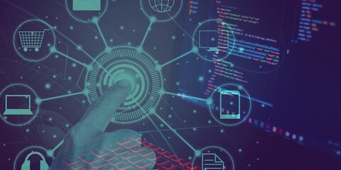 Programming work with modern smart computer. Virtual options menu presentation, with shopping app,...