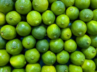 Limes on the shelf for sale in a supermarket. A lime is a citrus fruit. 