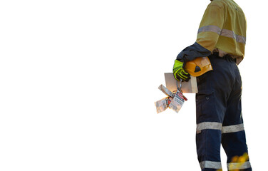 Safe work practises construction worker wearing long sleeve work uniform safety hand glove...