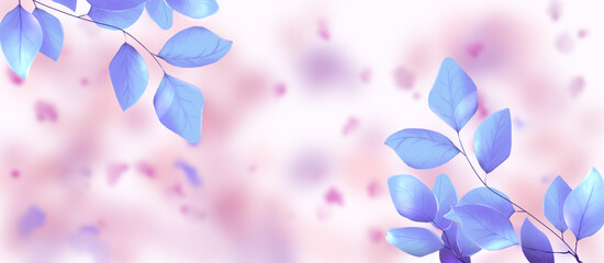 abstract pastel spring day panoramic wallpaper header foliage leaves in pink and blue purple background in anime style with soft color - obrazy, fototapety, plakaty