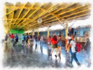 The scenery of the Thai train station watercolor style illustration impressionist painting.