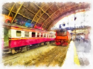 Fototapeta na wymiar The scenery of the Thai train station watercolor style illustration impressionist painting.