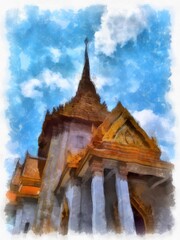 Landscape of ancient architecture in Bangkok watercolor style illustration impressionist painting.