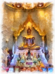 Obraz premium Ancient golden Buddha statue in Bangkok watercolor style illustration impressionist painting.