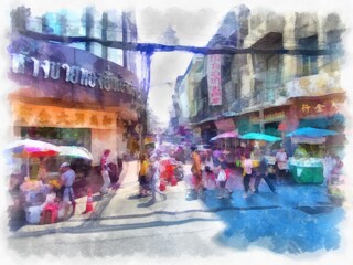 street landscape in bangkok watercolor style illustration impressionist painting.