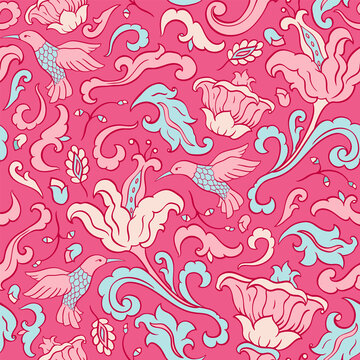 Pink pattern with flowers and birds.
