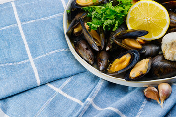 Mussels in sauce. Shellfish dish. Seafood dishes. Fresh Mussels.