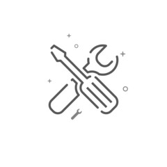 Screwdriver and wrench simple vector line icon. Repair and decoration, finishing facilities symbol, pictogram, sign isolated on white background. Editable stroke. Adjust line weight.