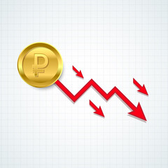 Russian ruble red downfall crisis of economy. Vector illustration.