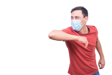 Positive man in medical mask doing elbow bump