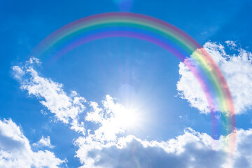 雨上がりの虹がかかった青空と太陽の光