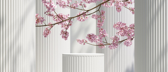 Cosmetic background. nature light podium and cherry blossom on white background. for branding and product presentation. 3d rendering illustration