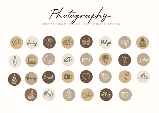 Set of hand drawn line art photography illustrations for instagram highlight covers 