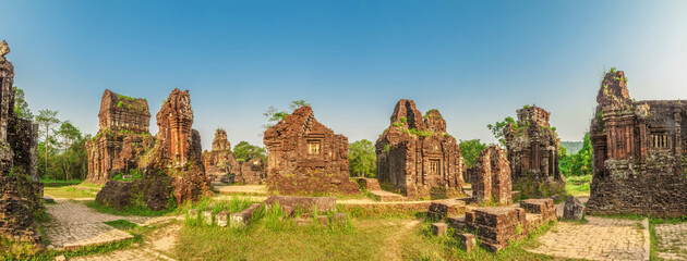 Fototapeta na wymiar Panorama of the ancient My Son temple complex, Quang Nam province, Vietnam