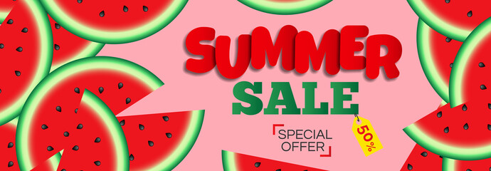 summer sale banner design with watermelon slices on pink background vector illustration