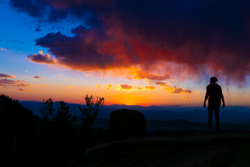 Hiker On Mountain View Colorful Sunrise Stunning Scenic Peak