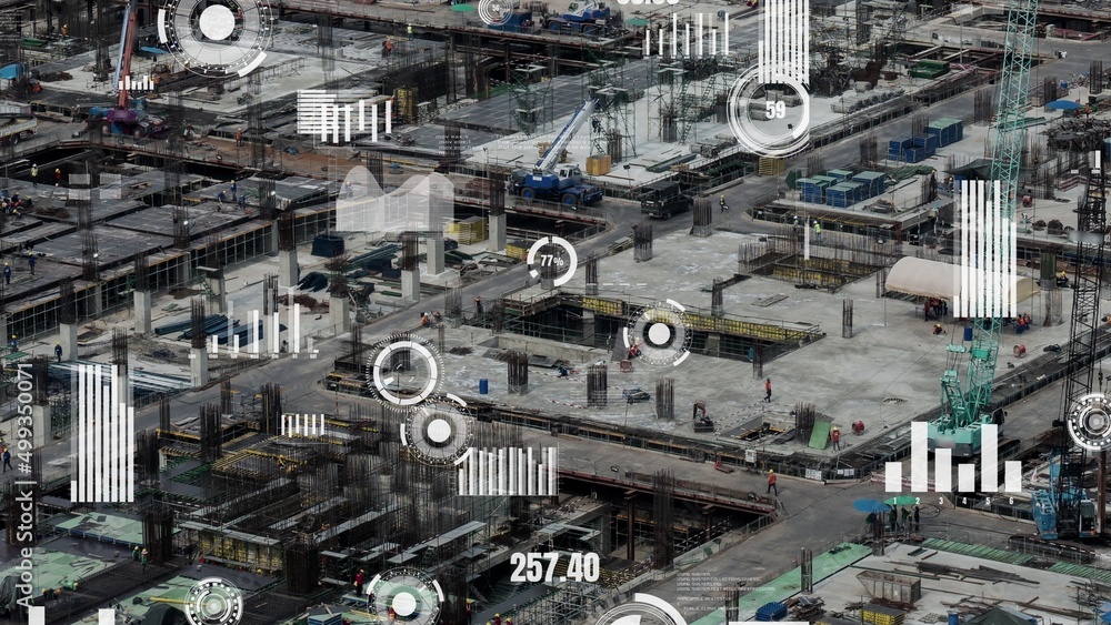 Poster construction technology concept with alteration graphic over construction site showing concept of au