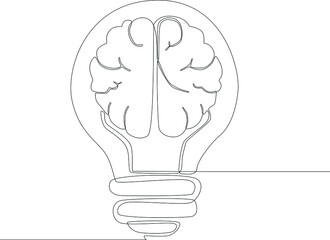 Continuous one line drawing of human brain in the electric light bulb isolated on white background. Concept of finding brilliant ideas. Single line draw design vector graphic illustration.