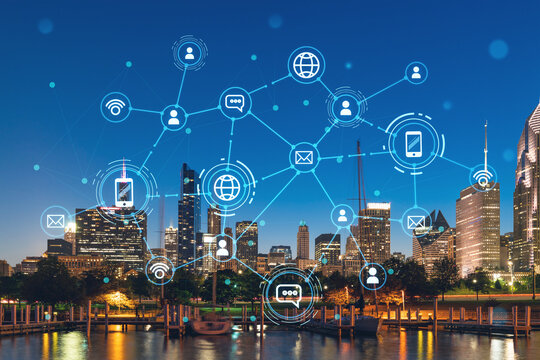 Downtown skyscrapers city view, Chicago skyline panorama, Lake Michigan, harbor area, night time, Illinois, USA. Social media hologram. Concept of networking and establishing new people connections
