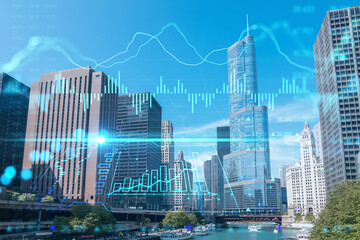 Fototapeta na wymiar Panorama cityscape of Chicago downtown and Riverwalk, boardwalk with bridges at day time, Illinois, USA. Forex graph hologram. The concept of internet trading, brokerage and fundamental analysis