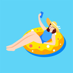 Girl swims in the pool by the sea, vector illustration