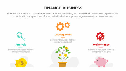 business finance infographic concept with gold coin and money tree investment with for slide presentation with 3 point list