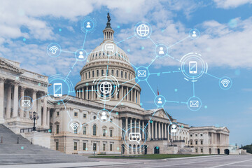 Fototapeta na wymiar Capitol dome building exterior, Washington DC, USA. Home of Congress and Capitol Hill. American political system. Social media hologram. Concept of networking and establishing new people connections