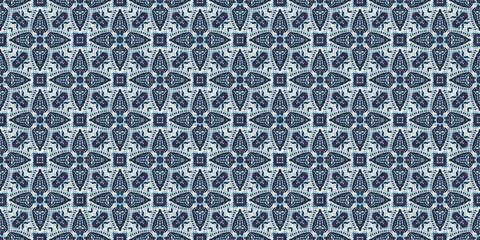 Indigo blue red batik geo nautical seamless border pattern. Modern marin geometric kaleidoscope banner. Nantucket fabric textile style. Summer rustic masculine worn linen effect edging trim tape 