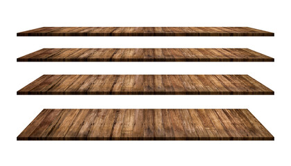 Wood shelves table top collection isolated on white background.