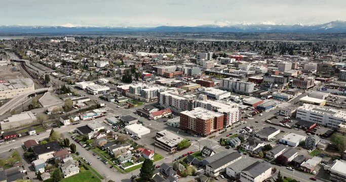 Wide Angle Aerial View of Downtown Everett Washington USA 4K UHD