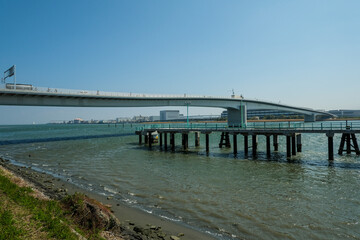 Fototapeta na wymiar 多摩川スカイブリッジと川崎の臨海部