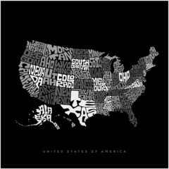 USA map typography. United States of America map lettering in black and white.