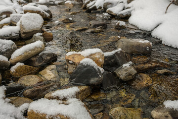 A stream in the snow in winter.