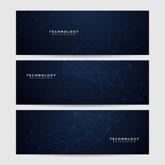 Set of blue futuristic science technology network particles waves lines mesh AI banner background. Vector abstract graphic design banner pattern background web template.