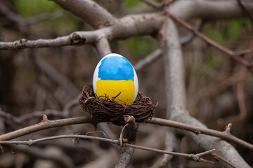 One white chicken egg with a painted yellow-blue flag of Ukraine in a straw basket in Ukraine on...