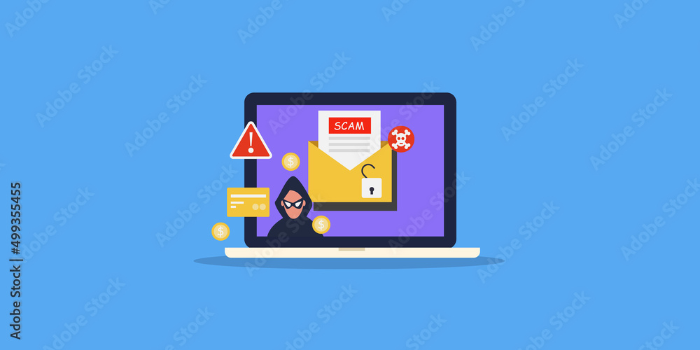 Poster email scam, hacker attack with malware email, cyber criminal stealing private and financial informat