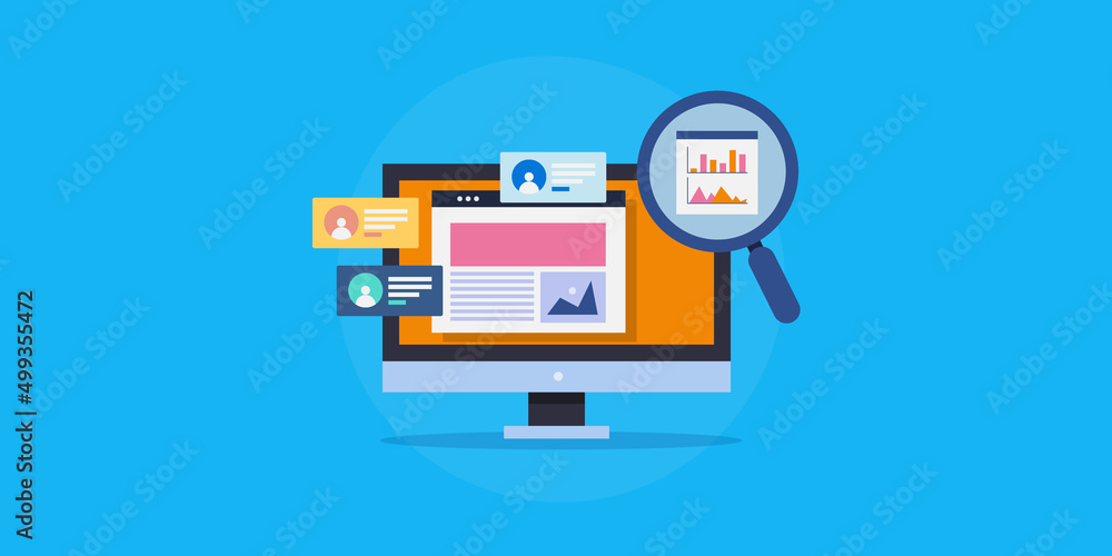 Poster customer behaviour tracking, website analytics software showing data on screen, web traffic seo mark