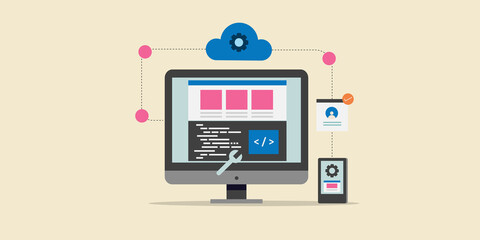 Web development - programming coding, source code on computer monitor, cloud application technology concept, flat design web banner template.