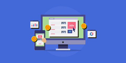 Display advertising, website banner ads generating online revenue, sponsored ads on mobile screen, customer interaction with digital advertising concept, flat design web banner template.