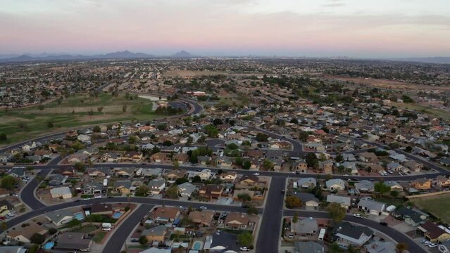 Glendale Phoenix Arizona Sunset Twilight Residential neighborhood drone aerial footage